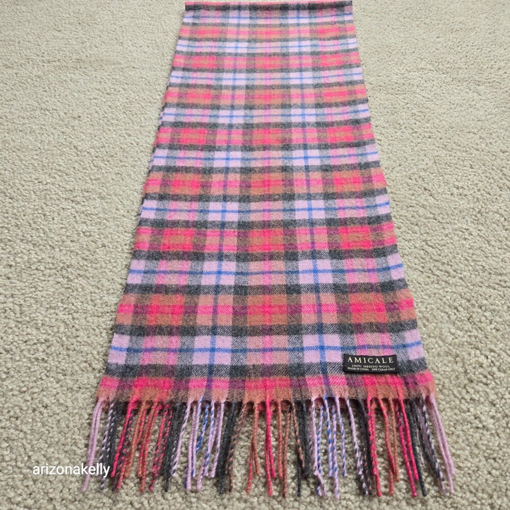 NWOT Amicale 100% Merino Wool Pink Plaid Scarf - Picture 6 of 8